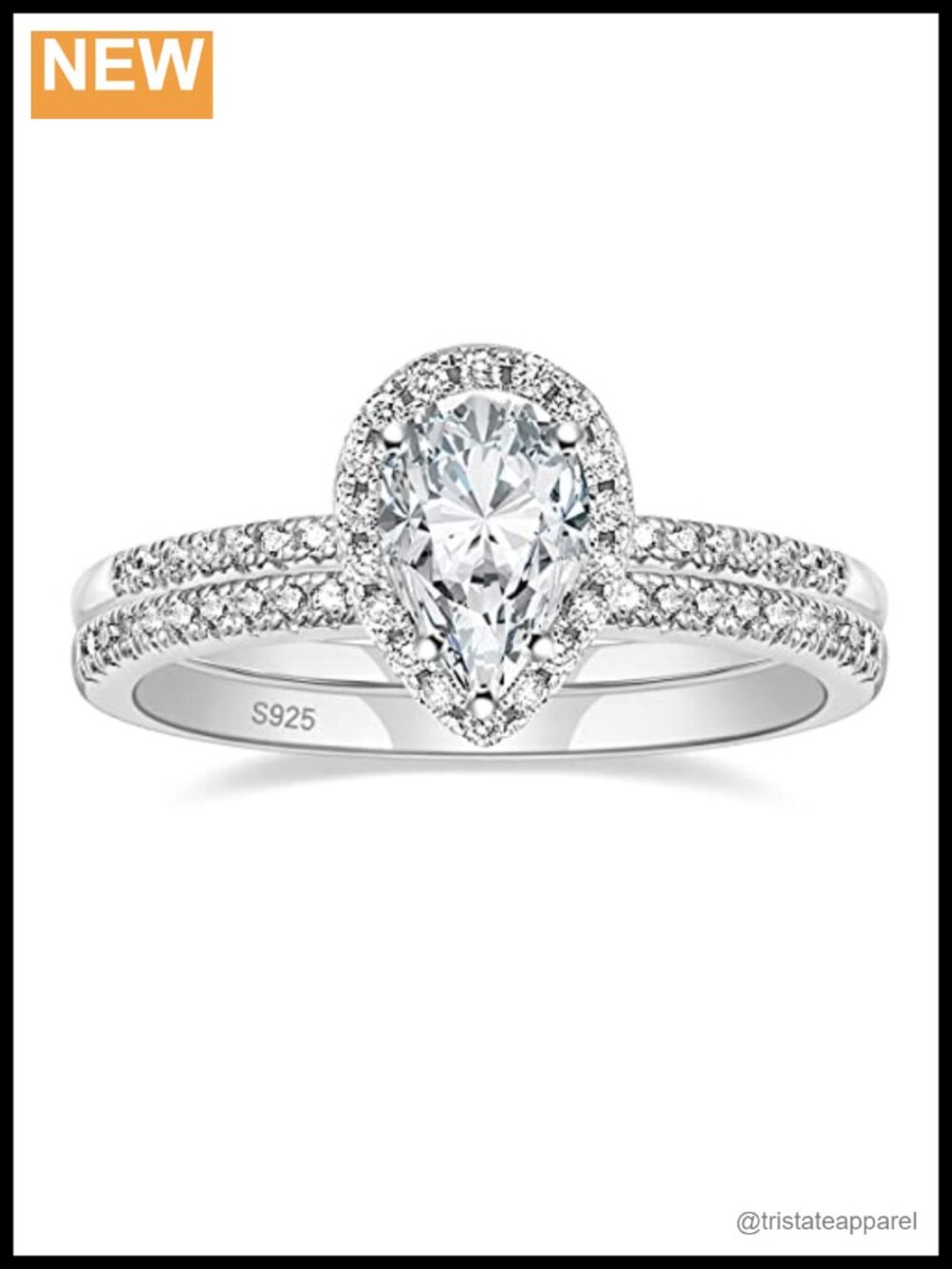 Sterling Silver Wedding Ring Set Pear Cut CZ Halo Bridal Engagement Rings